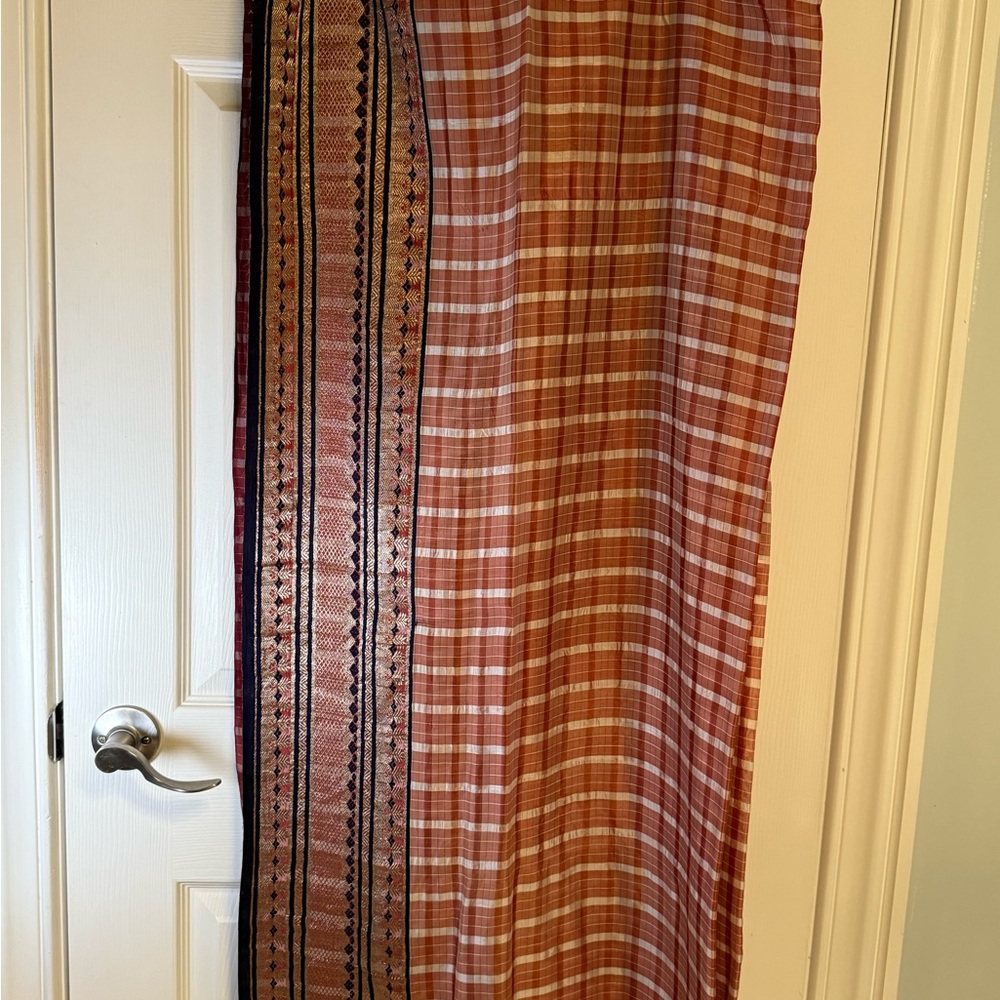 Saree, Red Plaid with Metallic Patterned Border